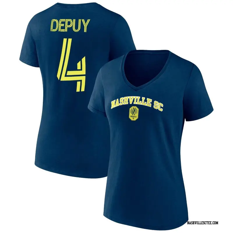 Women\'s Nashville SC ＃4 Nick DePuy Navy Name & Number Heart And Soul V-Neck  T-Shirt - Nashville SC Store